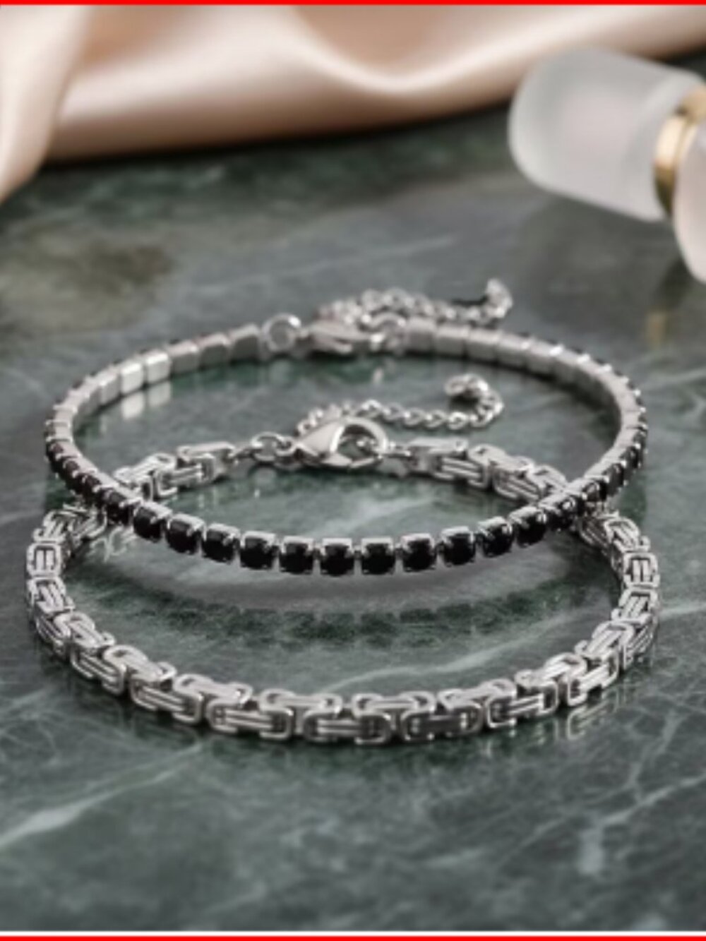 Simulated Black Diamond Set of 2 Tennis and Byzantine Bracelet in Stainless Stee